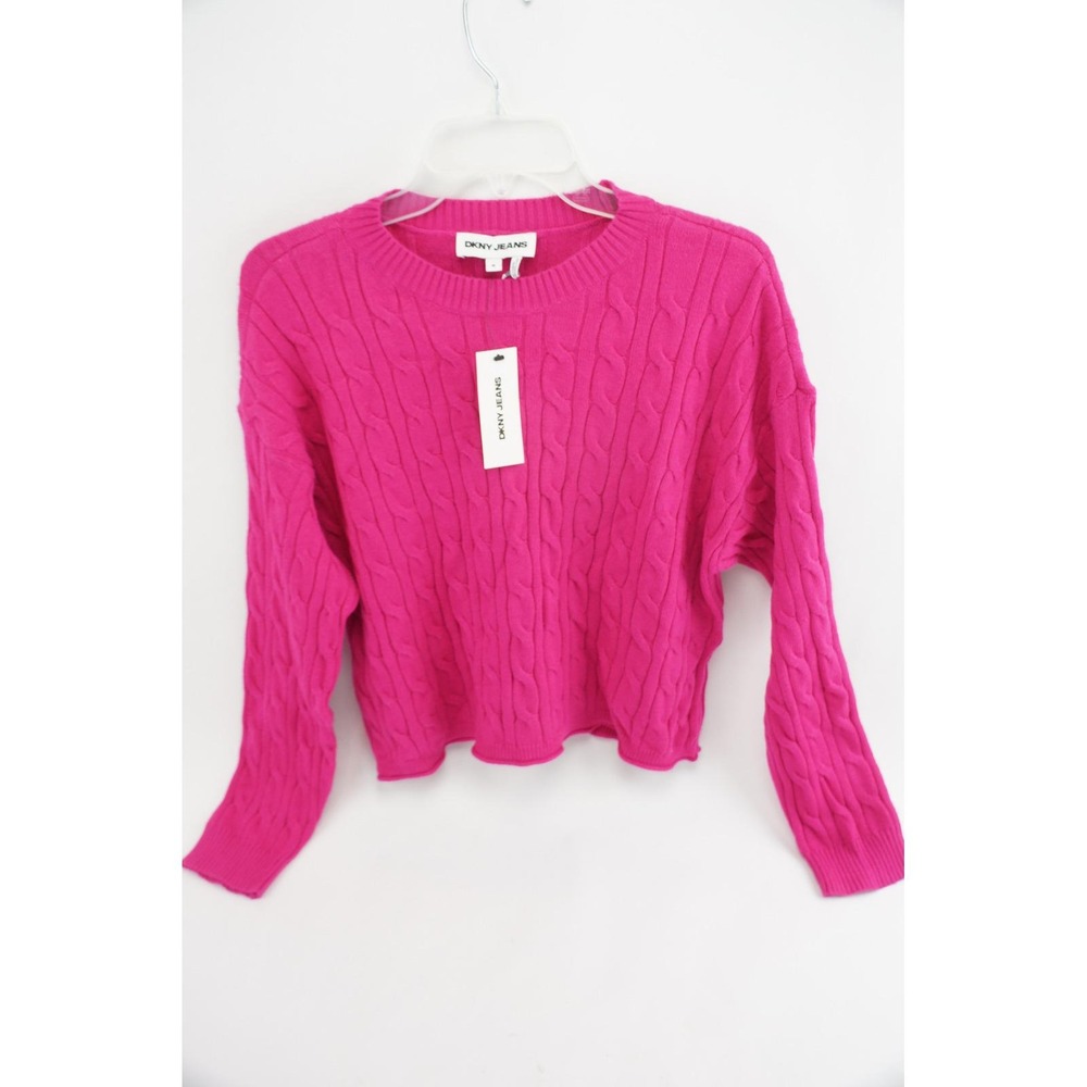 New DKNY Jeans Cable Knit Sweater‎ Womens Medium Pink DJRR0510 Long Sleeve Crew